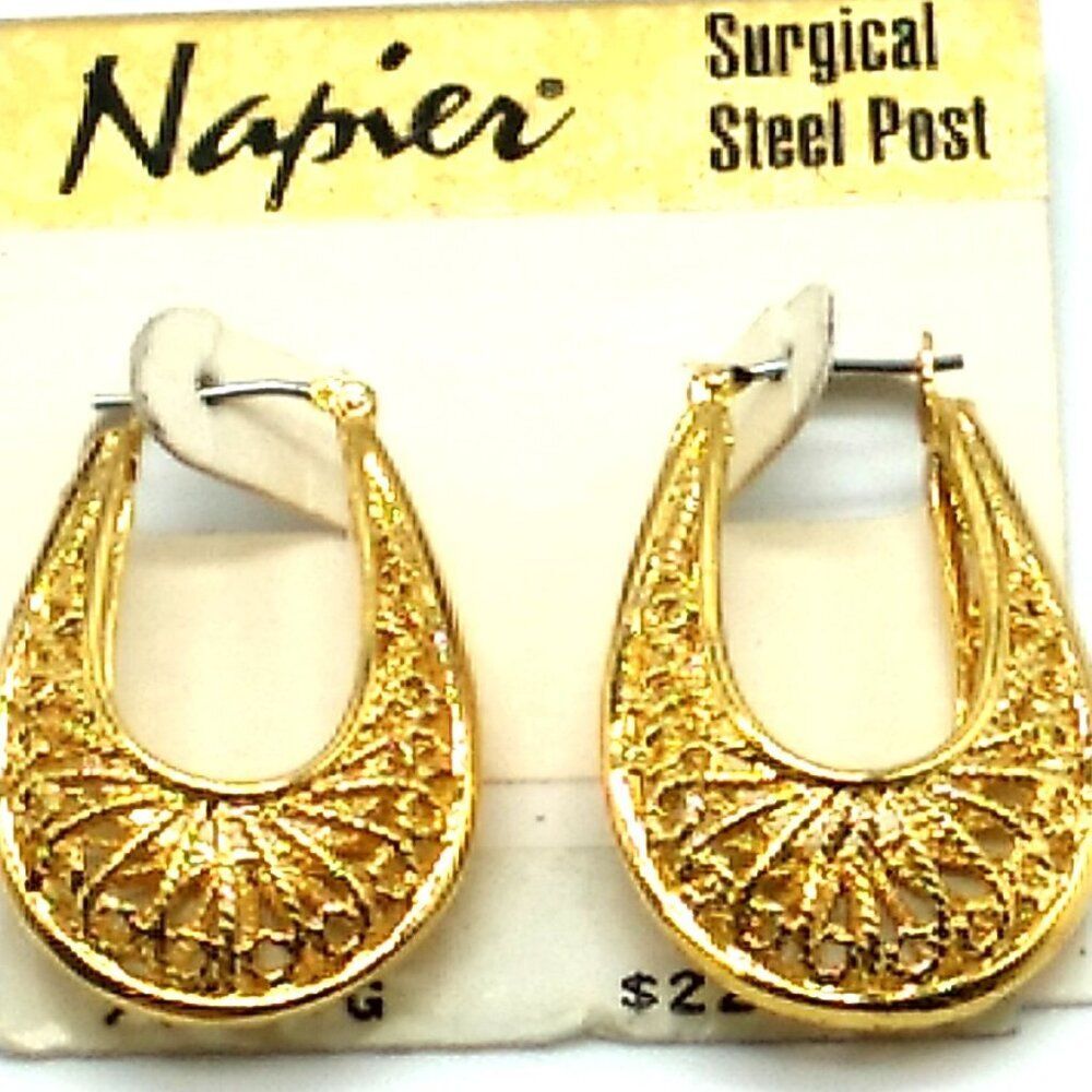 NAPIER Filigree Puffed Hoop Horseshoe Shaped Gold-tone Earrings NWT